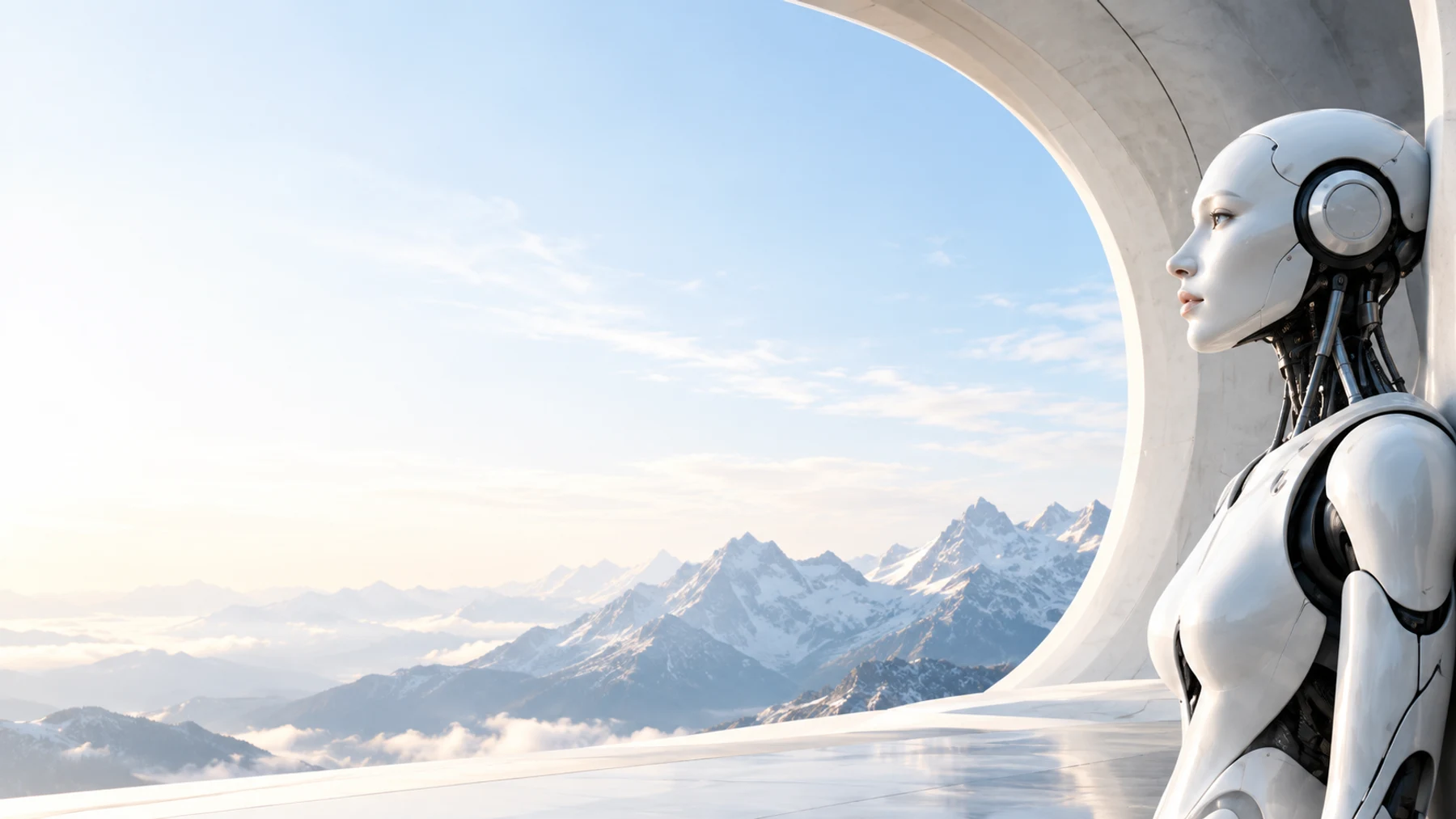 A white humanoid robot resting beside curved architecture overlooking an alpine landscape